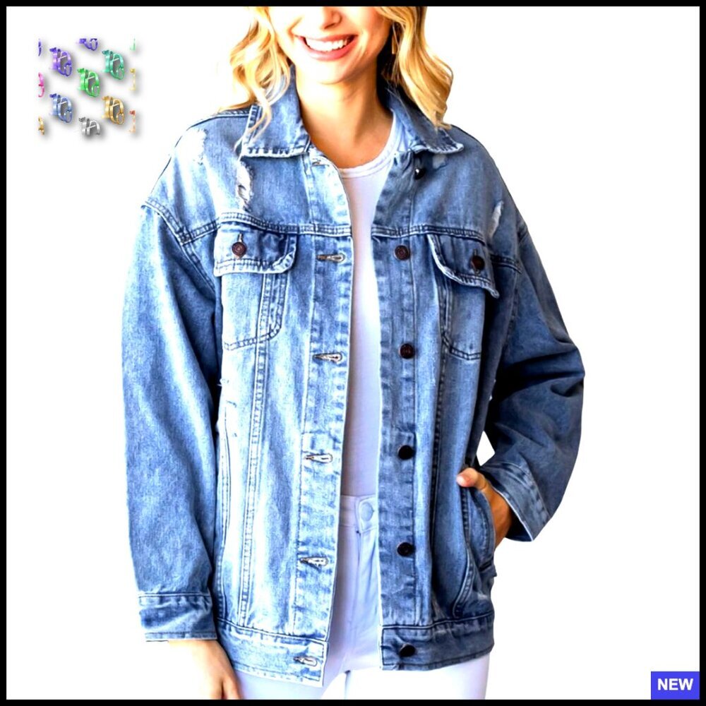 Oversized Denim Jacket Distressed Ripped Drop Shoulder Casual Coat Women's - Picture 1 of 7